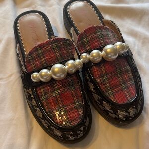 Betsey Johnson Red Plaid Pearl-Trim Slip-On Mules